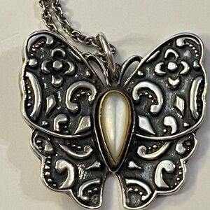 James Avery Silver, Bronze And Mother Of Pearl Brocade Butterfly Pendant & Chain